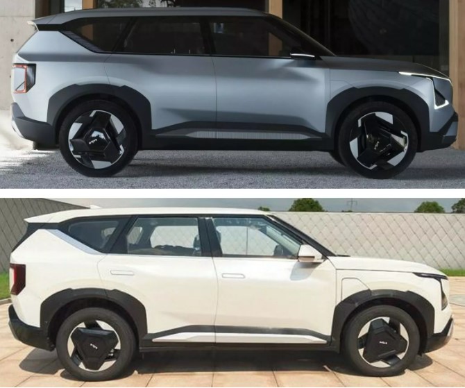 Phiên bản KIA EV5 Concept (phía trên) và KIA EV5 thương mại (phía dưới)